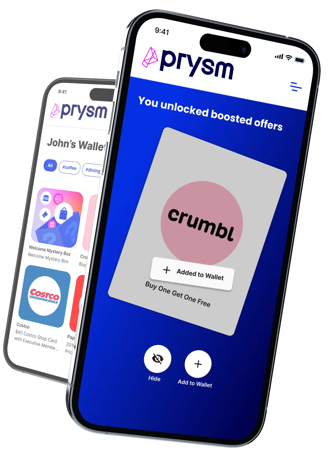 Two phones showing boosted reward offers in the Prysm wallet