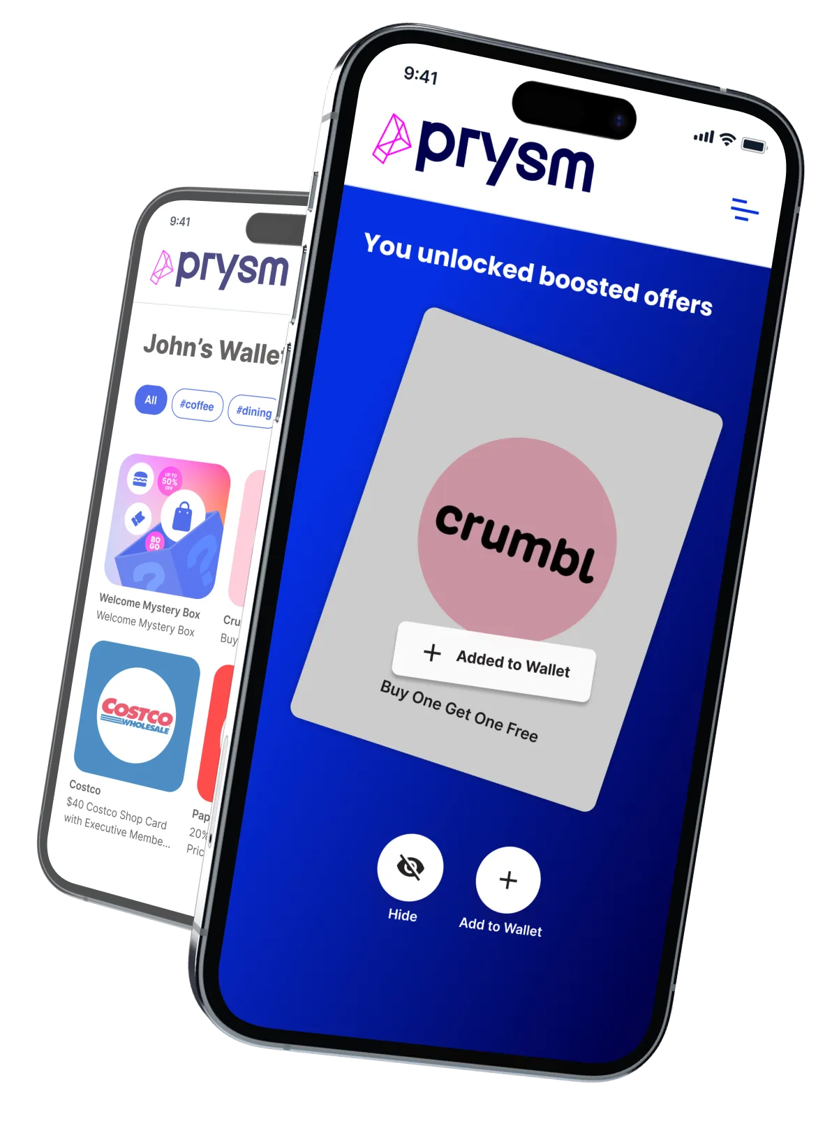 Two phones showing boosted reward offers in the Prysm wallet