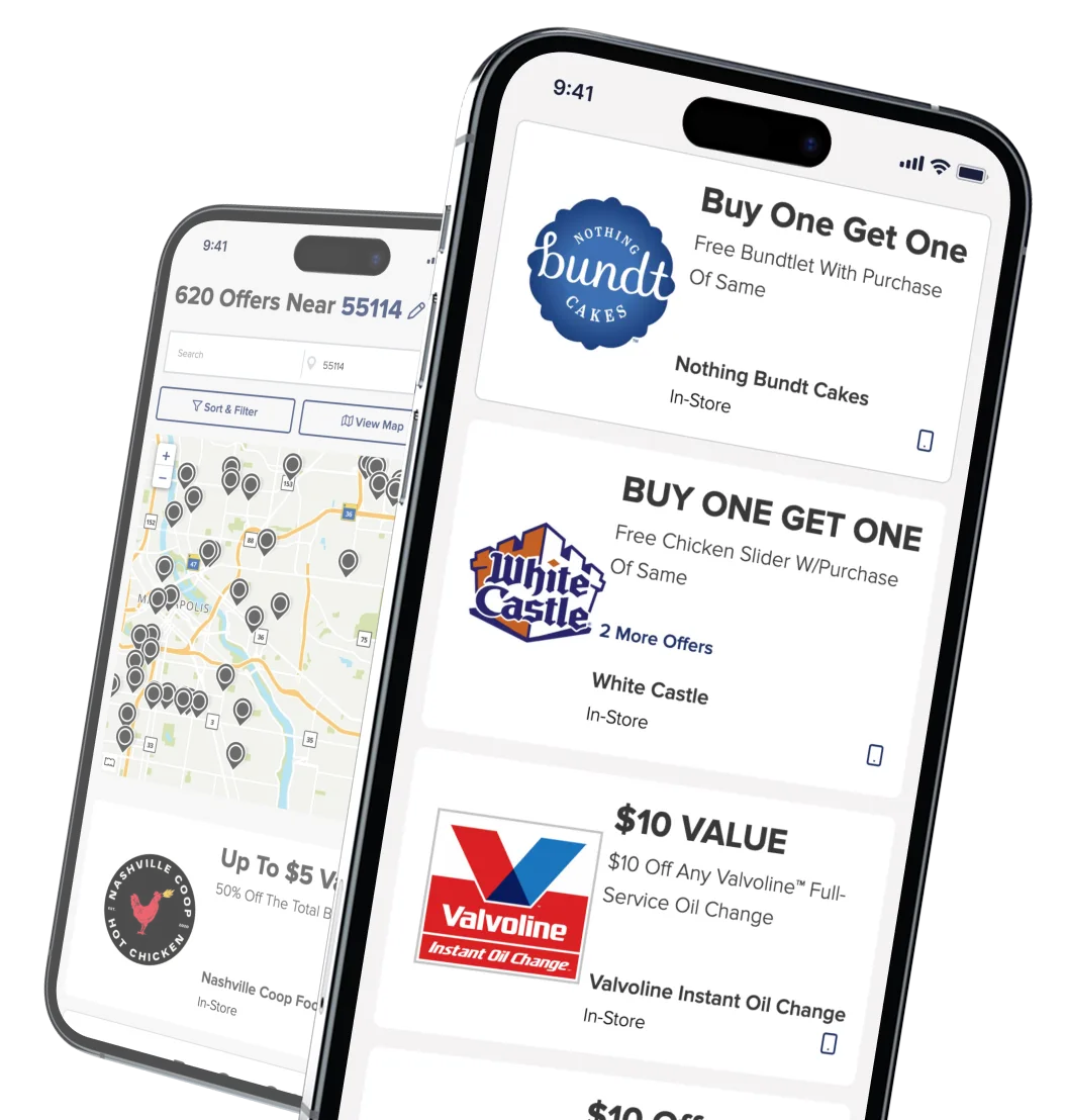 The Entertainment savings network app on two phones