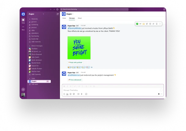 Augeo Workplace Engagement integrated with Slack