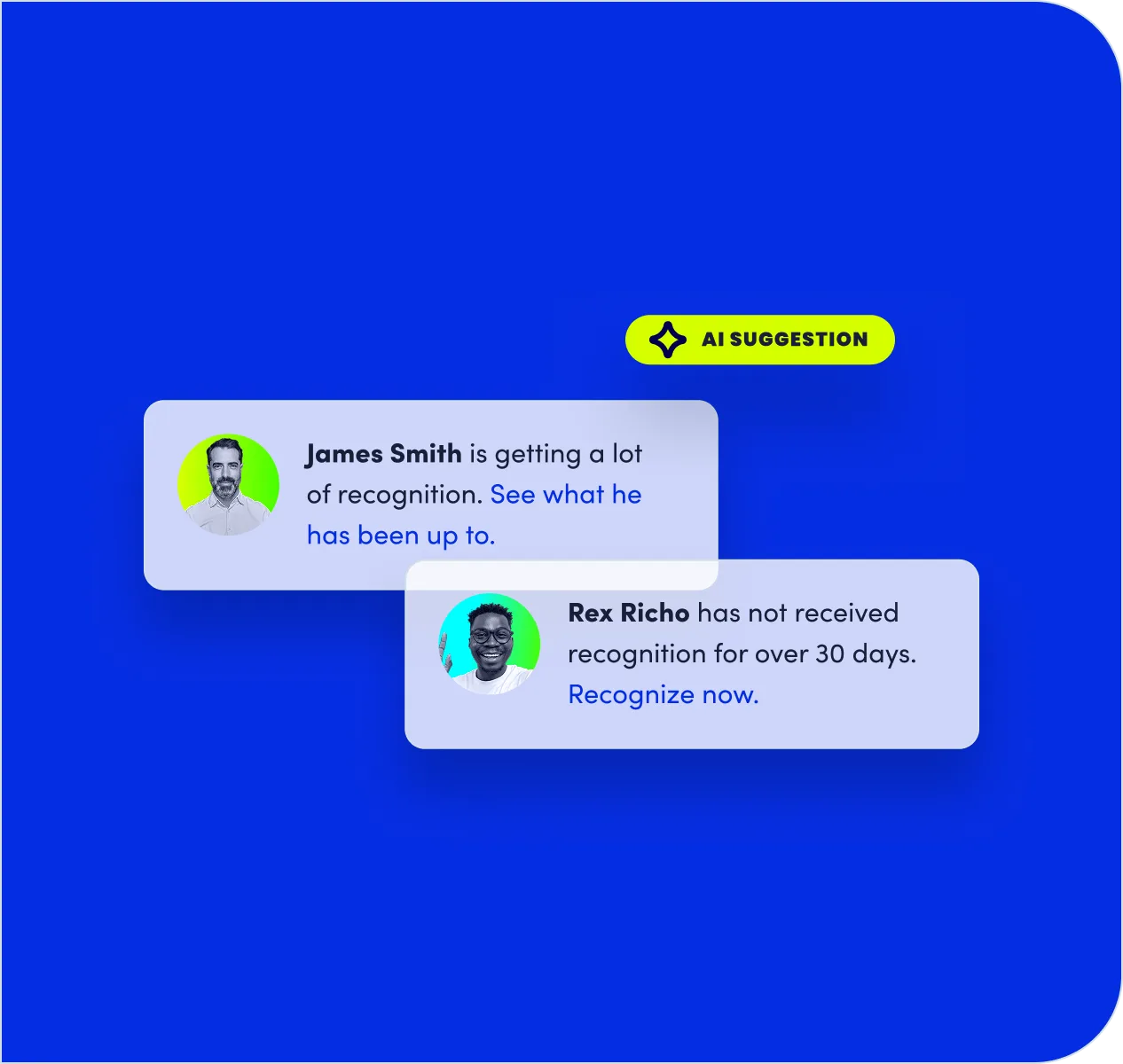 AI-suggested recognition prompt surfacing a teammate to celebrate