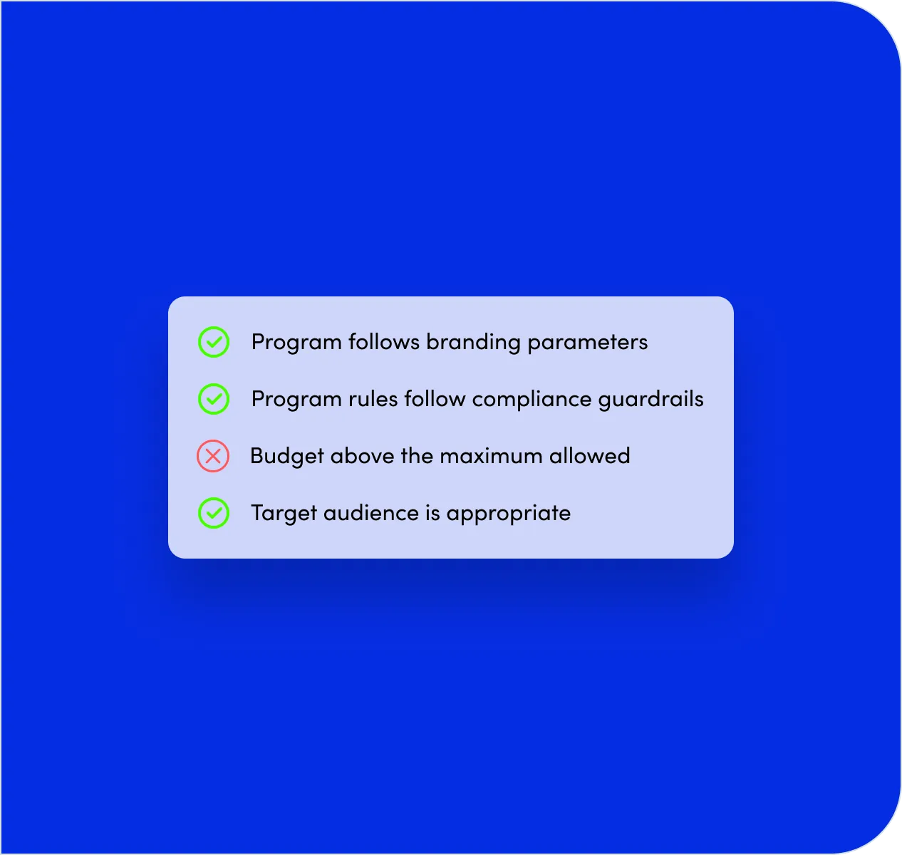 Compliance guardrails checking program rules, branding and budget