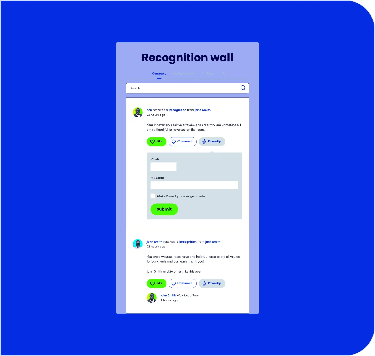 Culture feed streaming recognitions and wins across the organization